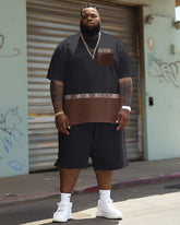 Men's Plus Size Simple Casual Stitching Ethnic Printing Pocket T-shirt Shorts Suit